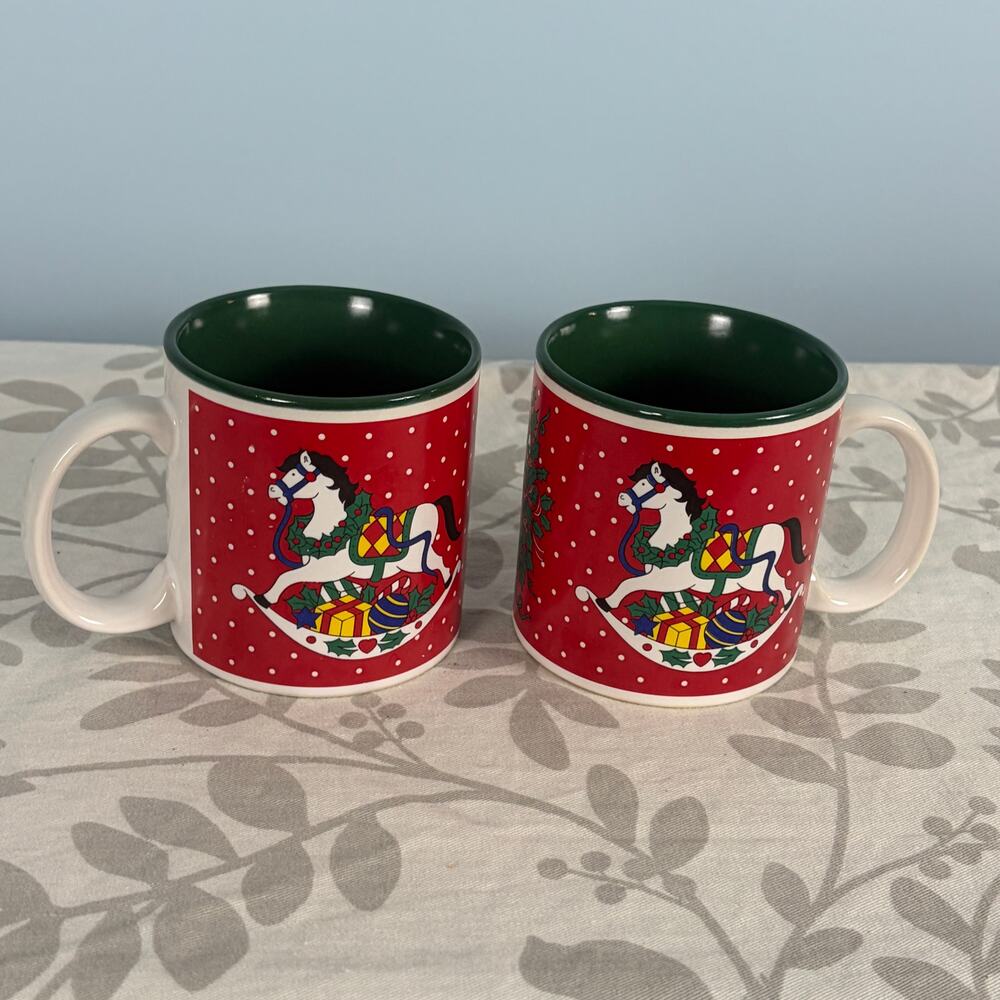 Vintage 80s Christmas Mugs Set of 2 Rocking Horse Retro Nostalgia